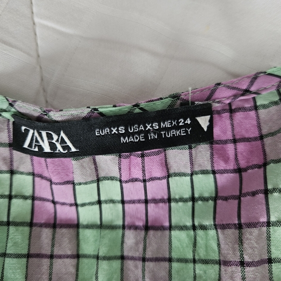 ZARA Pink & Green Plaid Seersucker Puff Sleeve Midi Dress | SZ XS - Picture 14 of 15